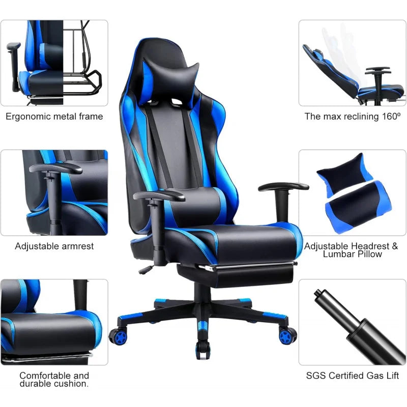 Reclining Gamer Chair Seat Height Adjustment, Swivel Rocker with Headrest and Lumbar (Navy Blue)